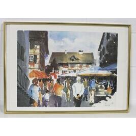 Lithografie „Marktplatzszene mit Fachwerkhäusern“ – handsigniert & nummeriert (117/135) – gerahmt